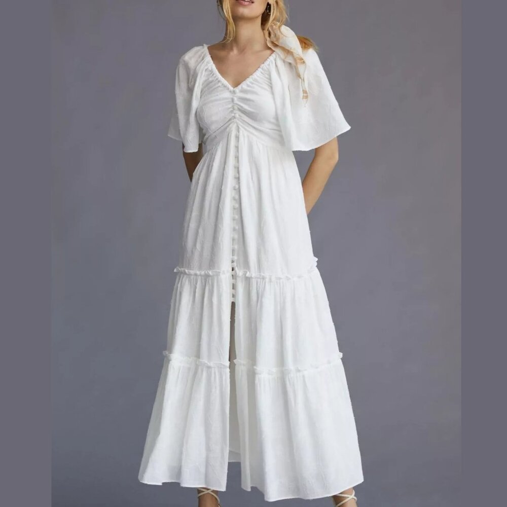 By Anthropologie Tiered Maxi Dress White XS Petite XSP